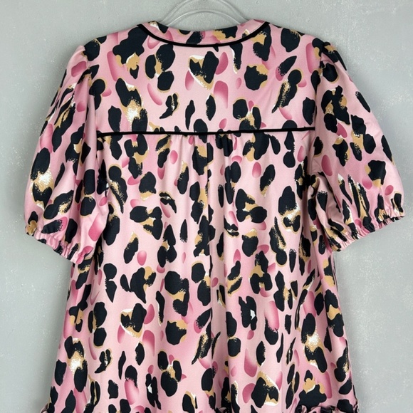 VOY size L pink leopard drop waist ruffle dress short puff sleeve button front - Picture 8 of 12